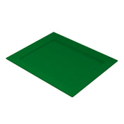 A rectangular, flat green cast aluminum platter with slightly raised edges and a smooth surface, resting on a white background and viewed from an angle above and to the side.