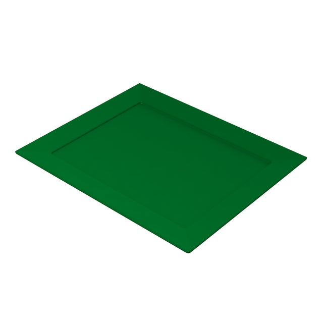 A rectangular, flat green cast aluminum platter with slightly raised edges and a smooth surface, resting on a white background and viewed from an angle above and to the side.