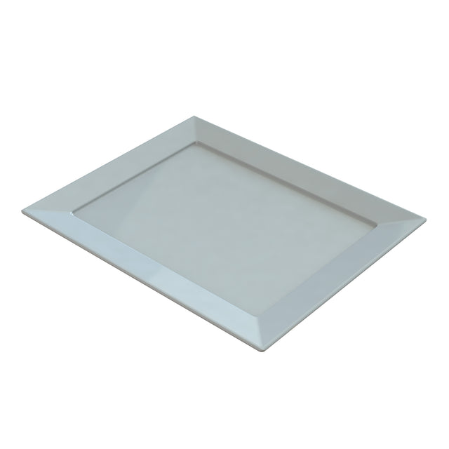 A rectangular, flat, white cast aluminum platter with wide, slightly angled edges and a smooth surface, viewed from above at a slight angle on a plain white background—ideal for cold holding.