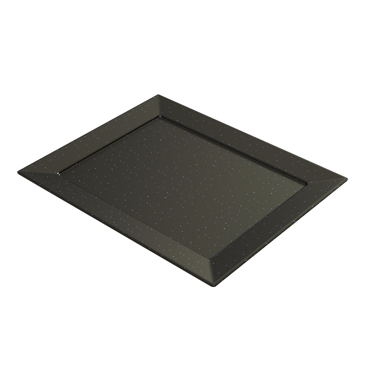 A rectangular black Duracoat coated cast aluminum tray with slightly raised edges and a glossy finish, featuring small white speckles evenly distributed across its surface. The tray is photographed on a plain white background.
