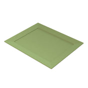A rectangular, flat, olive green tray with slightly raised and angled edges is shown on a white background. Crafted from Duracoat coated cast aluminum, the tray features a smooth surface and clean lines for a minimalist look.
