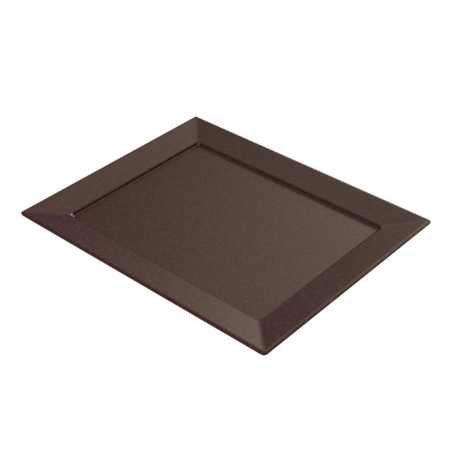 A rectangular, dark brown cold holding platter with slightly raised, angled edges and a flat center, shown on a white background. The tray features a smooth, matte finish with a subtle speckled texture and is dishwasher safe.