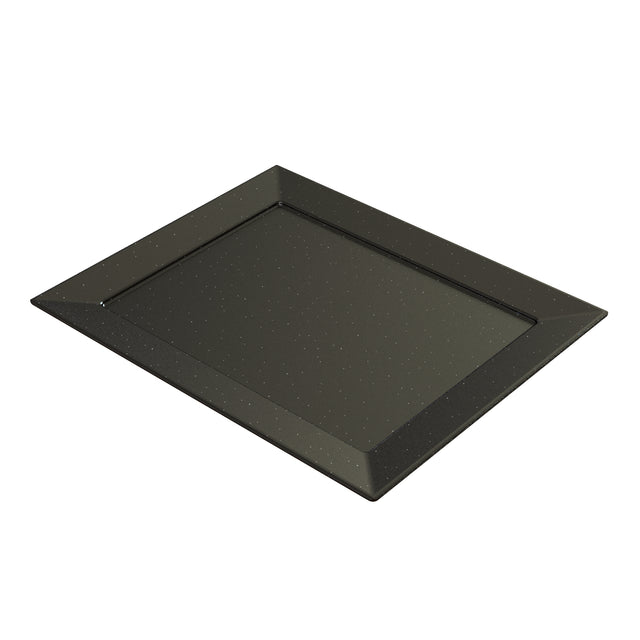 A rectangular black Duracoat coated cast aluminum tray with slightly raised, slanted edges and a flat base. The subtle speckled pattern gives it a stone-like look, making this dishwasher safe platter ideal for stylish serving. Shown on a plain white background.