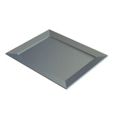 A sleek, rectangular cast aluminum platter with angled edges and a flat center, shown from an elevated angle against a plain white background. The tray’s smooth, reflective surface highlights its modern, minimalist design—ideal for cold holding.