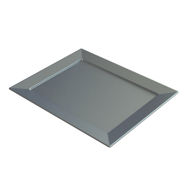 A sleek, rectangular cast aluminum platter with angled edges and a flat center, shown from an elevated angle against a plain white background. The tray’s smooth, reflective surface highlights its modern, minimalist design—ideal for cold holding.