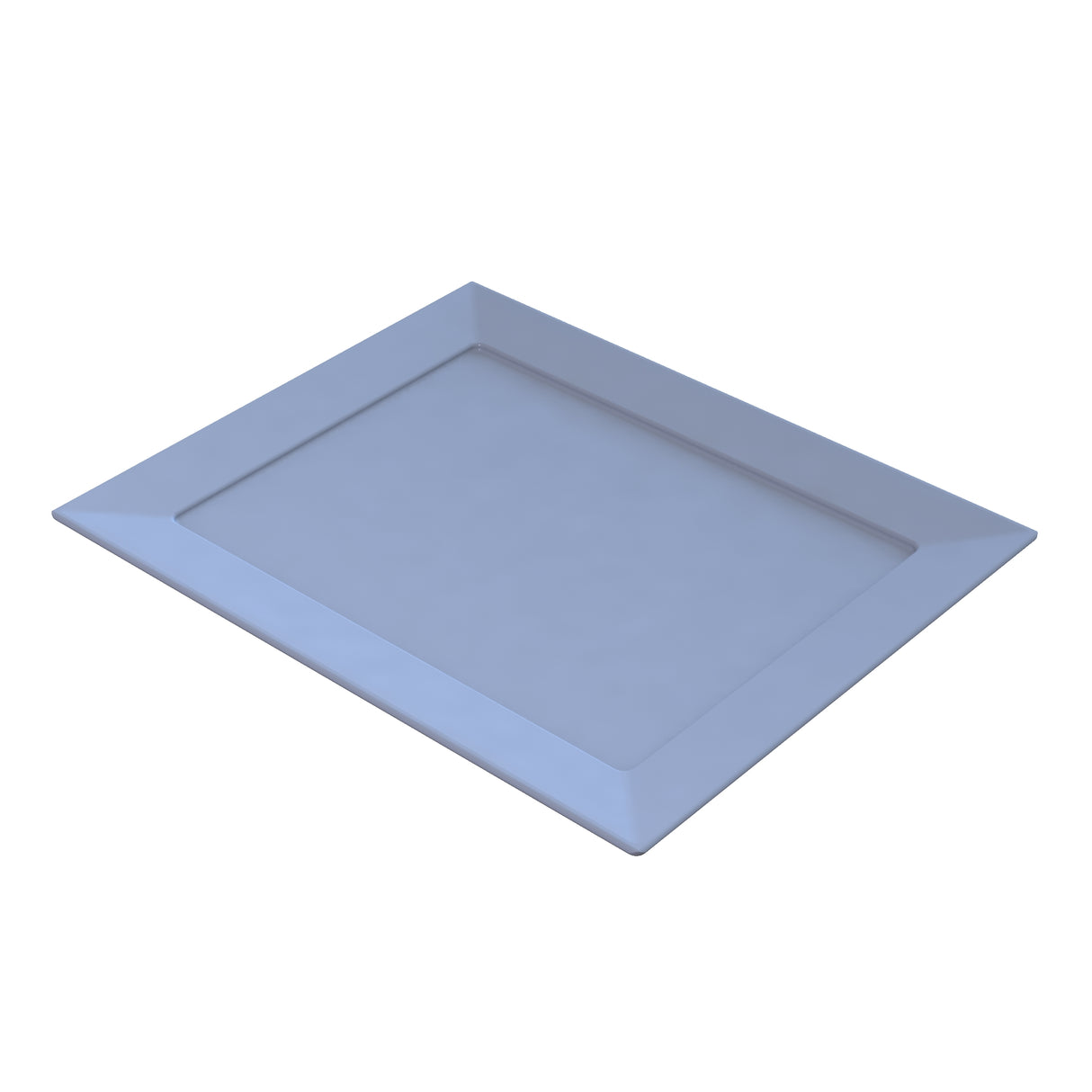 A rectangular, light gray cast aluminum tray with raised edges and a smooth, flat surface. The platter is shown against a white background and is viewed from an angle, highlighting its shallow depth and beveled sides. Ideal for cold holding.