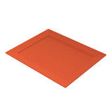 A rectangular, flat, orange cast aluminum tray with raised edges and a smooth surface, viewed from an angled perspective on a plain white background. The platter features a modern, minimalist design.