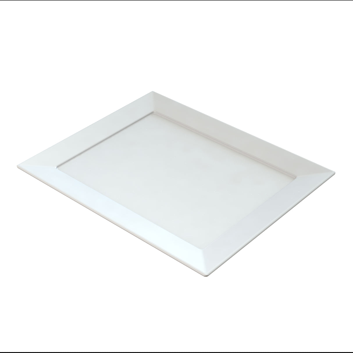 A rectangular, white, flat serving platter with slightly raised, angled edges, displayed on a plain white background. The tray has a glossy surface and simple, modern design—ideal for cold holding and presenting dishes elegantly.