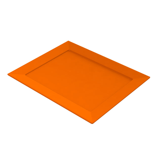 A rectangular, flat orange cast aluminum platter with slightly raised edges and a smooth surface rests on a white background. The tray’s sides angle outward, giving it a modern, geometric appearance. Perfect for cold holding or stylish serving.