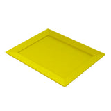 A rectangular, flat, yellow cast aluminum platter with slightly raised edges and a smooth surface, photographed on a white background from an angled, top-down perspective. Ideal for cold holding.
