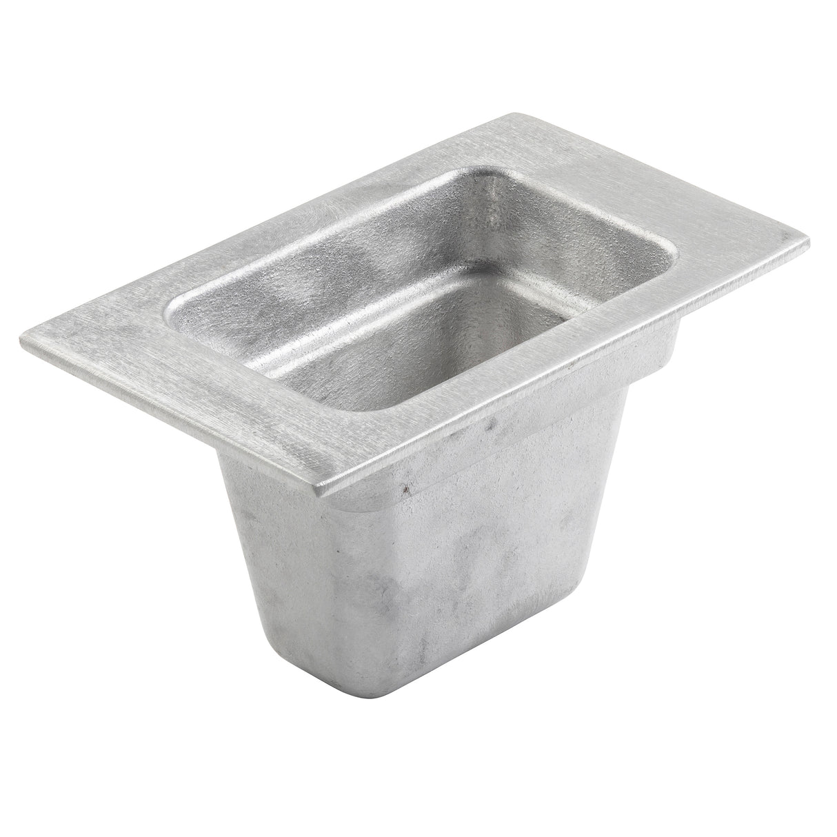A rectangular, metallic, silver-colored cast aluminum Food Pan with sloped sides and a flat, wide rim, resembling an industrial cold holding container viewed at an angle on a white background.