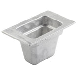 A rectangular, metallic, silver-colored cast aluminum Food Pan with sloped sides and a flat, wide rim, resembling an industrial cold holding container viewed at an angle on a white background.
