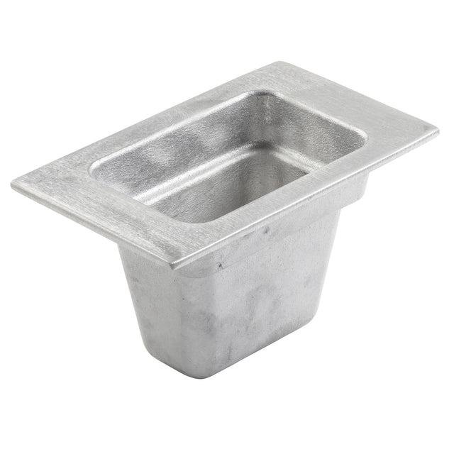 A rectangular, metallic, silver-colored cast aluminum Food Pan with sloped sides and a flat, wide rim, resembling an industrial cold holding container viewed at an angle on a white background.