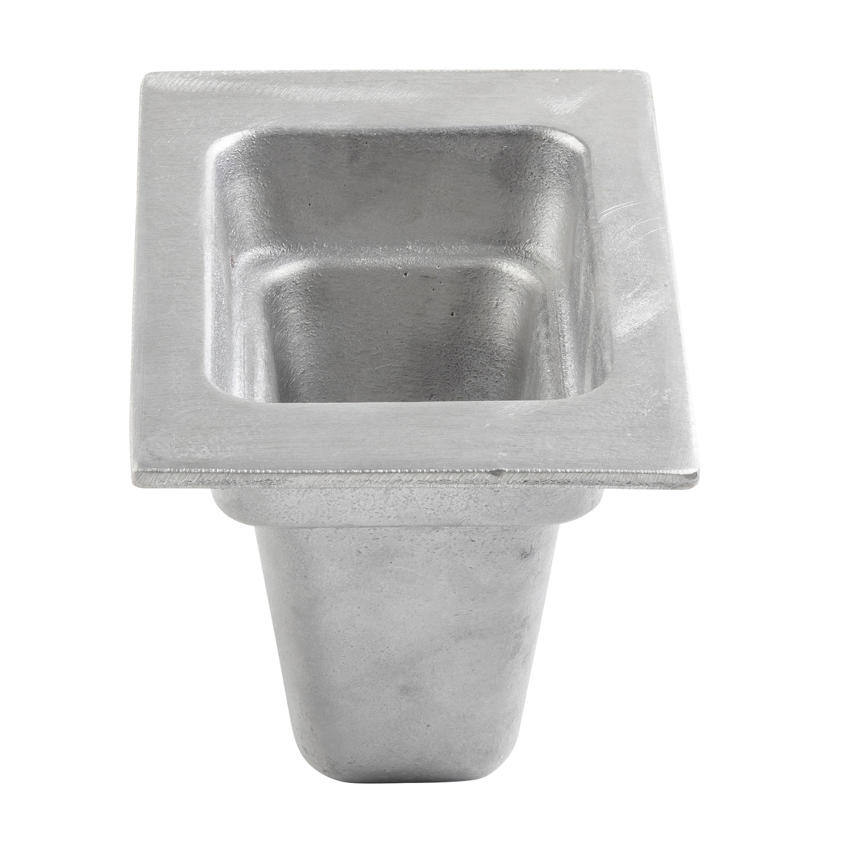A rectangular, silver-colored cast aluminum food pan with a wide, flat rim and deep, tapered cavity, viewed from above at a slight angle on a white background. The surface appears slightly textured and industrial.