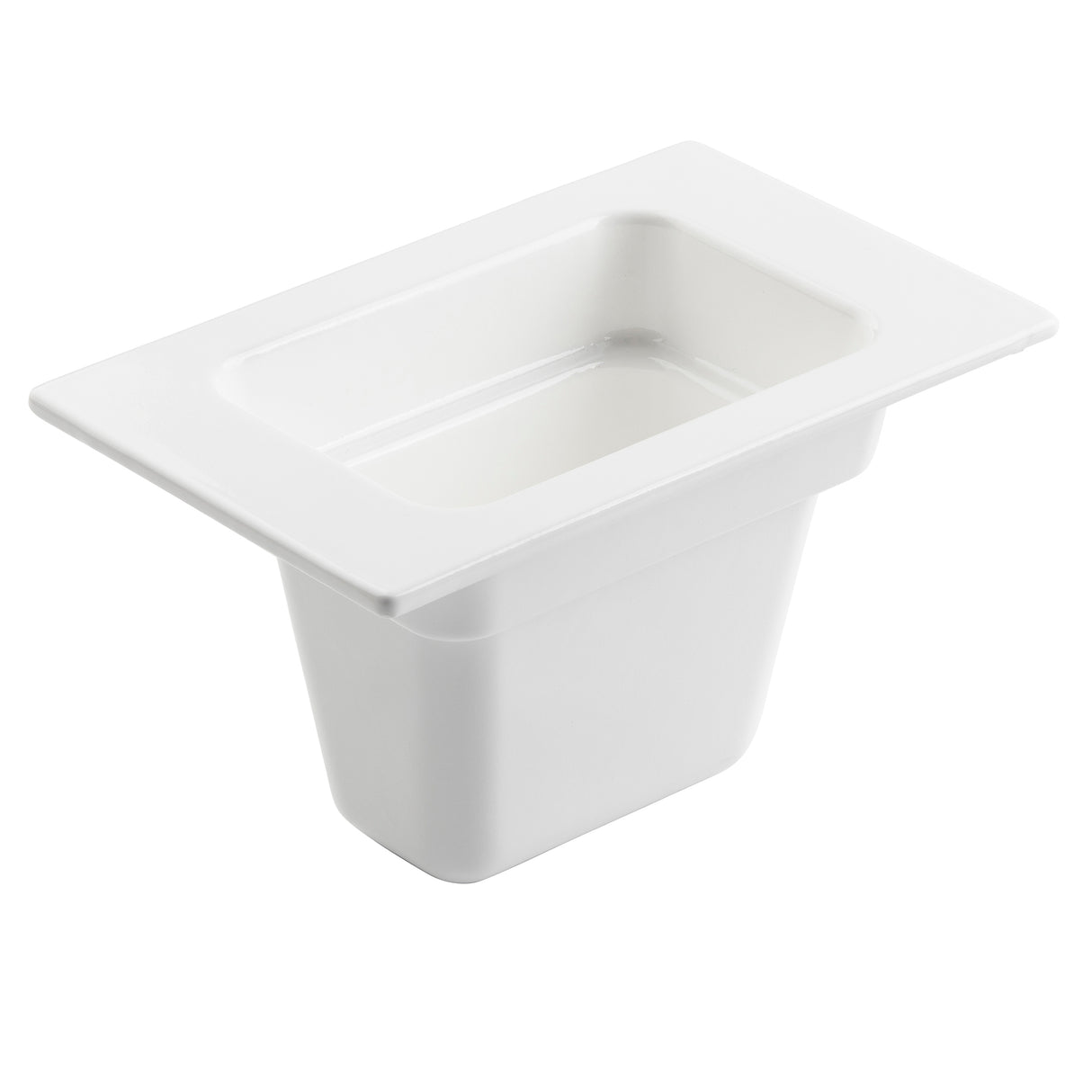 A rectangular, white Food Pan with a wide rim, deep sides, and a smooth, glossy finish—ideal for cold holding and commonly used to store or serve food in commercial kitchens or buffets.