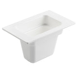 A rectangular, white Food Pan with a wide rim, deep sides, and a smooth, glossy finish—ideal for cold holding and commonly used to store or serve food in commercial kitchens or buffets.