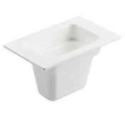 A rectangular, white Food Pan with a wide rim, deep sides, and a smooth, glossy finish—ideal for cold holding and commonly used to store or serve food in commercial kitchens or buffets.