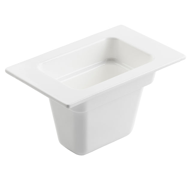 A rectangular, white Food Pan with a wide rim, deep sides, and a smooth, glossy finish—ideal for cold holding and commonly used to store or serve food in commercial kitchens or buffets.