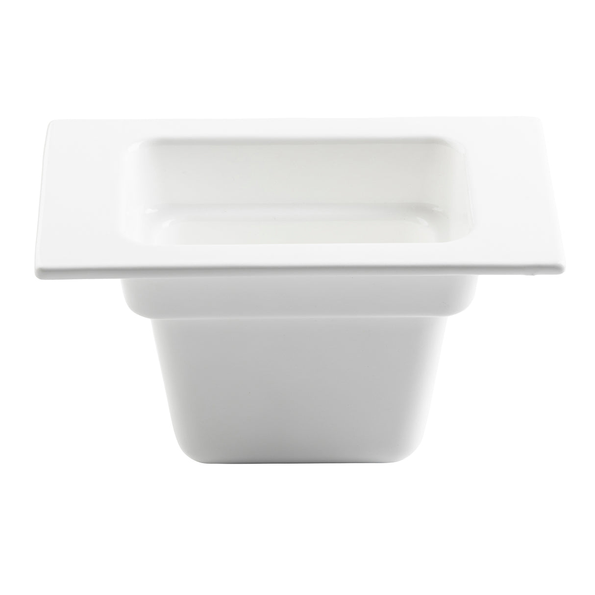 A white, rectangular ceramic food pan with straight sides and a wide, flat rim. The deep basin is ideal for cold holding or serving, while its glossy, smooth surface echoes minimalist style—perfect as a modern storage dish.