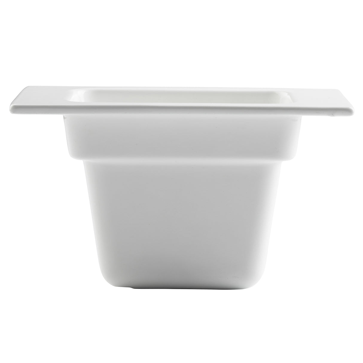 A plain white ceramic or porcelain square ramekin or dish with straight sides and a wide, flat rim, resembling a small food pan, photographed against a white background. The dish appears empty and is shown from a straight-on angle.