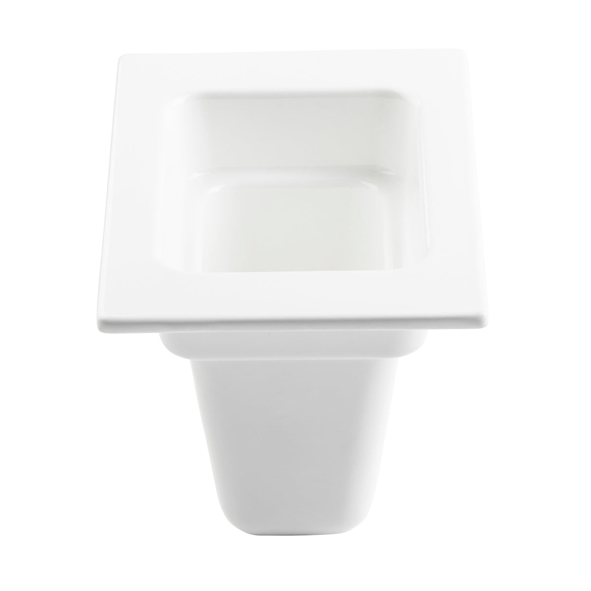 A white, square-shaped ceramic sink with a deep basin and a wide, flat rim, photographed from above against a white background. Its modern, minimalist design is ideal for kitchens where cold holding or food pan preparation is essential.