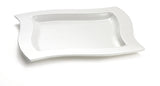 A plain, empty, glossy white rectangular platter with gently curved edges sits on a white background. The platter has a modern, minimalist design and smooth surface, ideal for cold holding and elegant presentations.