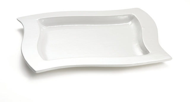 A white, rectangular ceramic platter with gently curved edges sits on a white background. The platter has a glossy finish and a slightly raised rim, giving it a modern, minimalist appearance.