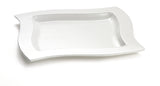 A white, square ceramic cold holding platter with gently curved edges and a glossy finish. The empty, dishwasher safe platter rests on a plain white background, casting a faint shadow underneath.