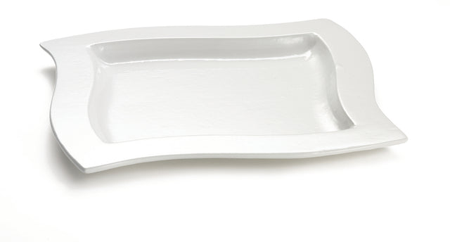 A white, square ceramic cold holding platter with gently curved edges and a glossy finish. The empty, dishwasher safe platter rests on a plain white background, casting a faint shadow underneath.