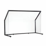 A transparent acrylic TableCraft sneeze guard with black metal frame and angled sides, designed for countertops or desks as a collapsible safety shield in public spaces. The plain white background highlights its clean and modern design.