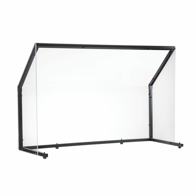 A transparent acrylic TableCraft sneeze guard with black metal frame and angled sides, designed for countertops or desks as a collapsible safety shield in public spaces. The plain white background highlights its clean and modern design.