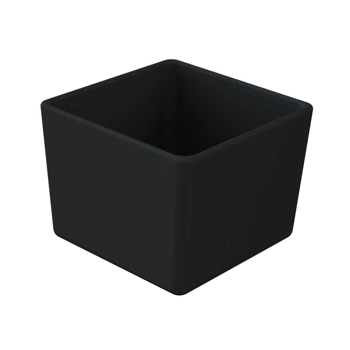 A matte black, empty, square-shaped bowl with rounded edges, viewed from a slight angle against a white background. The container appears to be made of cast aluminum and features smooth surfaces and clean lines for cold holding.
