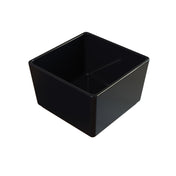 A black, square-shaped bowl with smooth sides and slightly rounded edges is shown against a white background. The inside of the container is glossy and reflects light, making it ideal for cold holding applications.