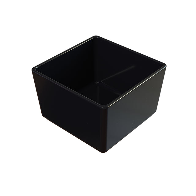 A black, square-shaped bowl with smooth sides and slightly rounded edges is shown against a white background. The inside of the container is glossy and reflects light, making it ideal for cold holding applications.