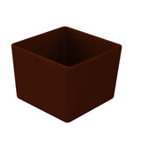 A simple, empty, dark brown, square-shaped cold holding bowl with smooth edges and a matte finish, shown against a plain white background. The container's interior and thick walls are visible, highlighting its Duracoat coated cast aluminum design.