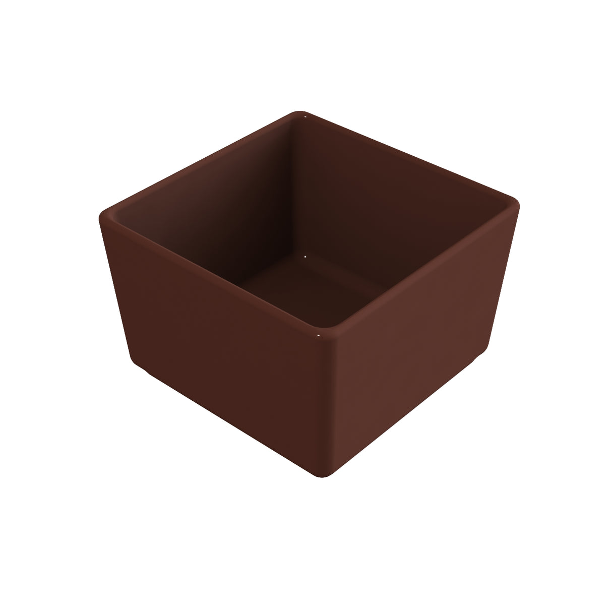 A small, empty, square-shaped brown cold holding bowl with smooth edges and a glossy finish, viewed from a slight angle against a plain white background.