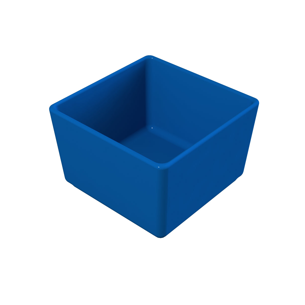A blue, square-shaped plastic container with smooth sides and rounded edges, viewed at an angle showing its interior. This dishwasher safe bowl is empty and placed against a plain white background.