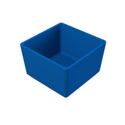 A blue, square-shaped plastic container with smooth sides and rounded edges, viewed at an angle showing its interior. This dishwasher safe bowl is empty and placed against a plain white background.