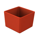 A red, empty, square-shaped plastic bowl with smooth sides and rounded edges, viewed from a slight angle above. The bowl has an open top and a matte finish, set against a plain white background.