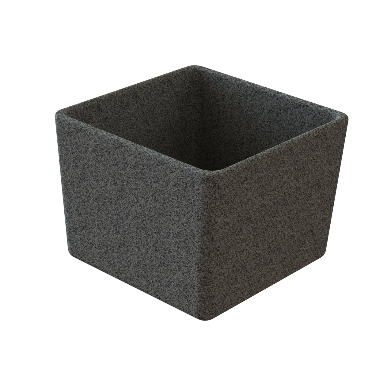 A square, gray, stone-textured planter with slightly rounded corners and an open top. Crafted from cast aluminum, it boasts a smooth, uniform finish on both the interior and exterior. The pot appears empty and is photographed against a white background.