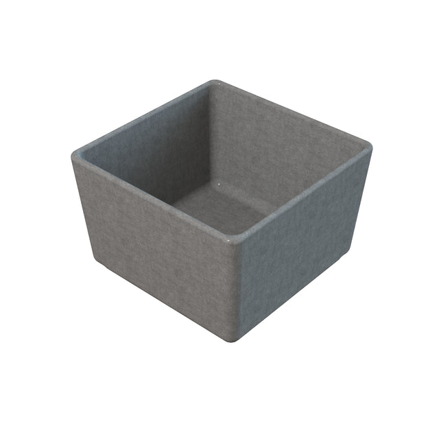 A 3D-rendered image of a simple, empty, square-shaped bowl with tall sides and a flat bottom. The gray container appears to be made of smooth cast aluminum and is shown at an angle on a plain white background.