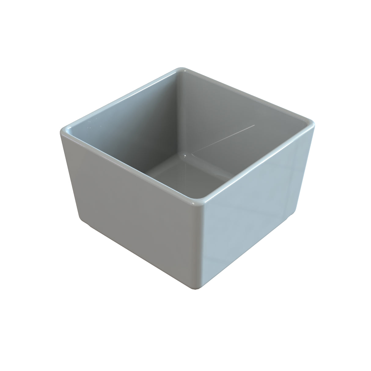 A plain, square, light gray ceramic bowl with smooth, glossy surfaces. Perfect for cold holding, the bowl has straight sides and rounded edges. It is empty and shown on a white background with soft reflections on its surface.