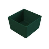 A small, empty, dark green cast aluminum bowl with smooth sides and slightly rounded edges, shown at an angle on a white background.