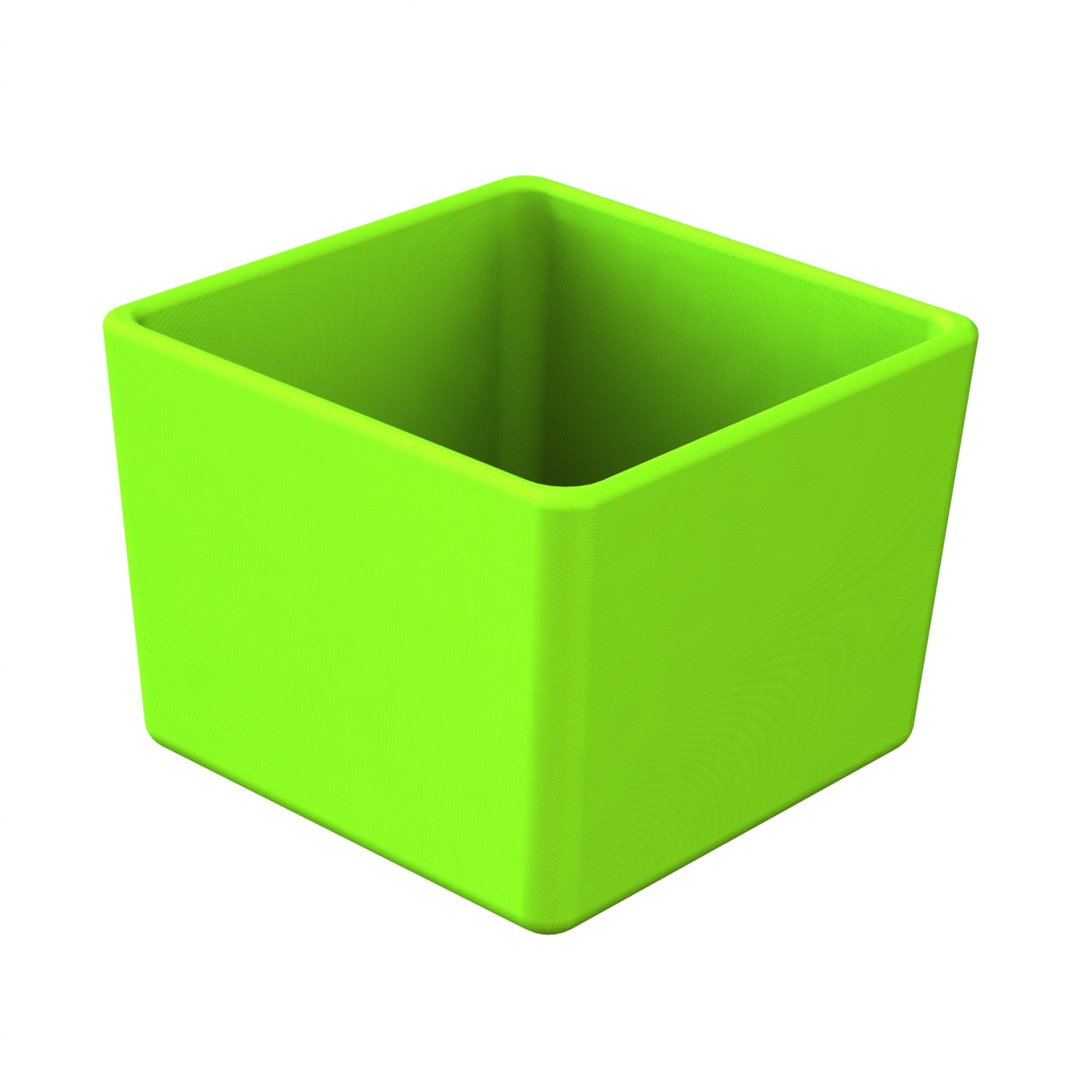 A bright green, empty, open-top square container with rounded corners is shown against a plain white background. This dishwasher safe bowl appears to be made of plastic and has a smooth surface.