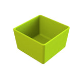 A bright green, empty, square-shaped dishwasher safe bowl with smooth sides and rounded edges, viewed at an angle on a white background.