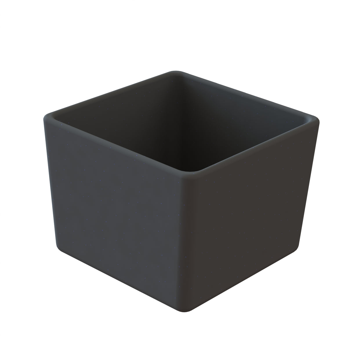 A small, empty, matte black cast aluminum bowl with rounded edges. The container is viewed from an angle, showing its open top and smooth interior and exterior surfaces against a plain white background. Dishwasher safe bowl.