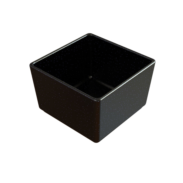 A black, square-shaped cast aluminum bowl with slightly rounded edges and white speckles throughout its surface is shown on a white background. This empty, glossy cold holding bowl is also dishwasher safe for easy cleaning.