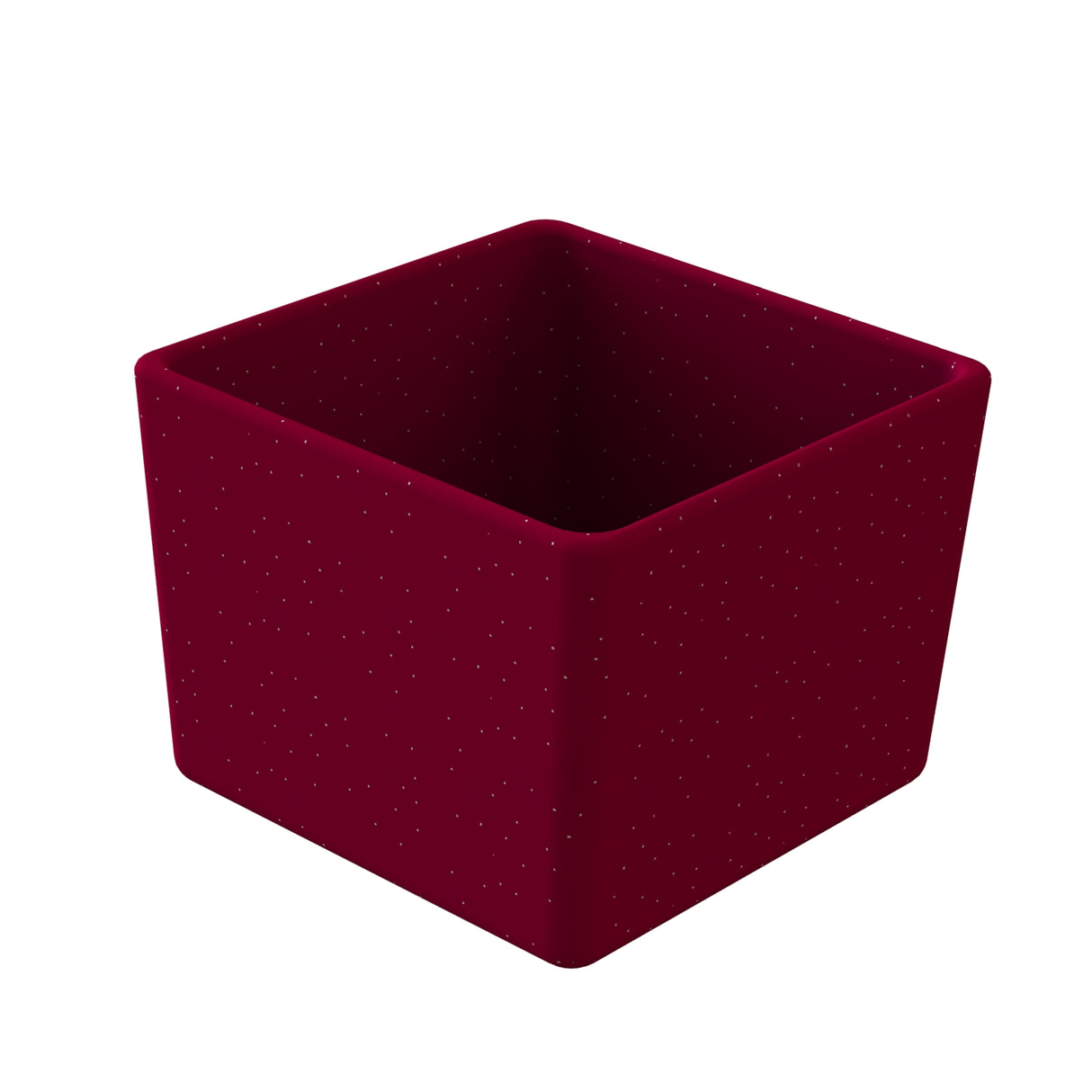 A 3D-rendered, maroon-colored cast aluminum bowl with an open top. The surface is dotted with small, evenly spaced white specks, giving it a slightly textured appearance. The container is empty and viewed at an angle, showing its interior.