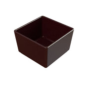 A small, empty, dark brown cast aluminum bowl with straight sides and slightly rounded top edges sits on a white background. The bowl appears to be made of a smooth, glossy material.