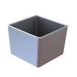 A silver square cast aluminum container with straight sides and no lid, viewed at a slight angle from above, showing its empty interior. The smooth surface and slightly rounded corners make it ideal for cold holding. The background is plain white.